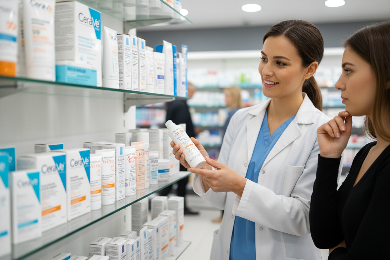 Closeup a Repisa en farmacia, llena de productos dermoatolgicos con un doctor mostrando productos a un paciente